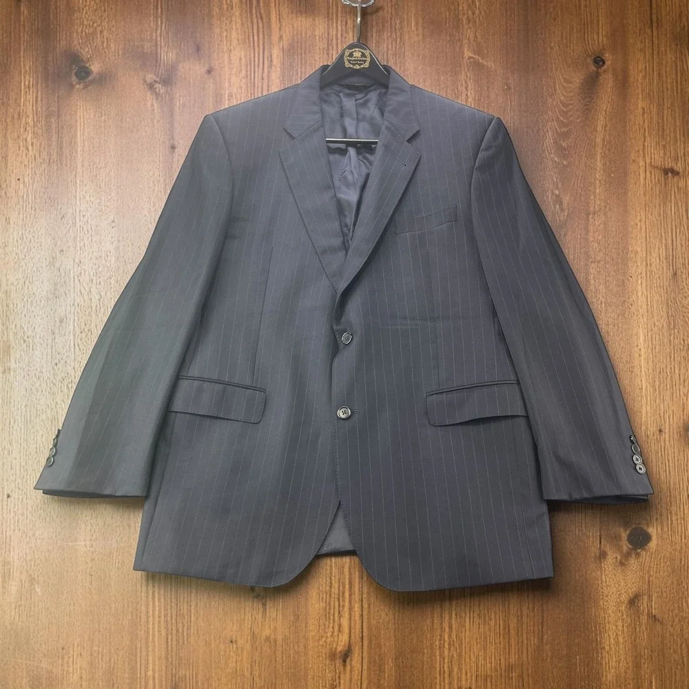 Jos A Bank Signature Gold 43L 36x34 Blue Navy Pinstripe Wool Suit Pleated Cuffed